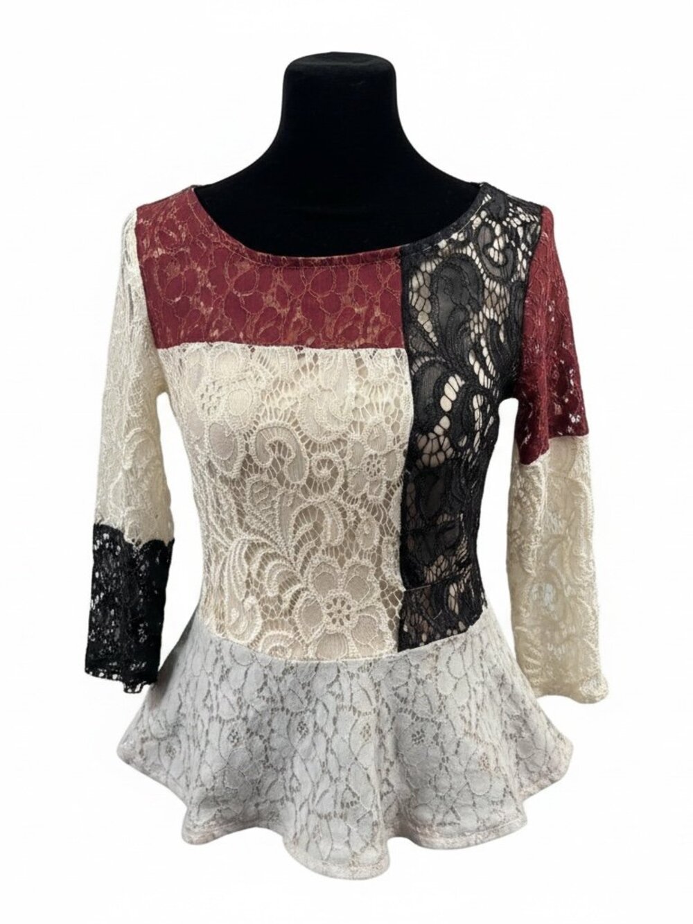Bar III Lace Peplum Top Small Colorblock 3/4 Sleeve Scoop Neck Blouse Edwardian‎